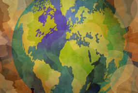 Graphic of earth juxtaposed with human silhouettes 
